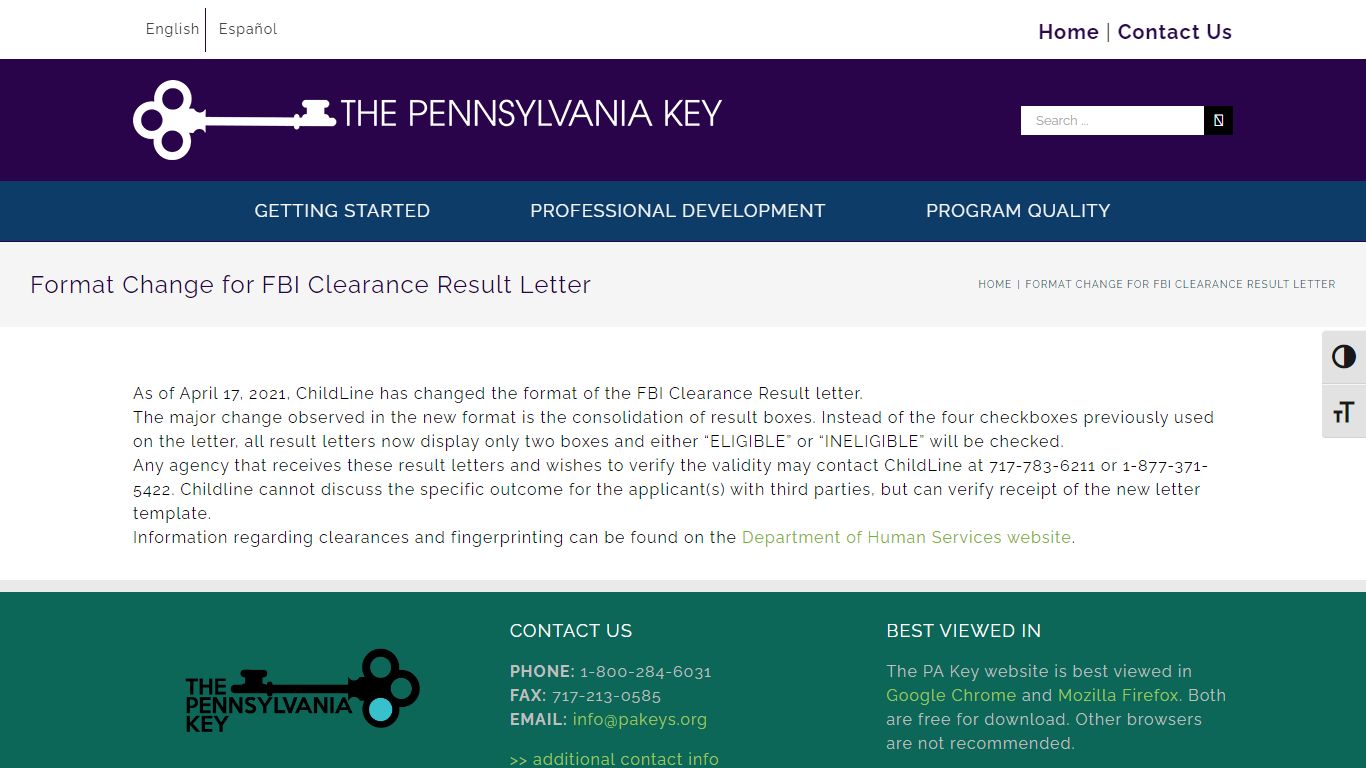 Format Change for FBI Clearance Result Letter